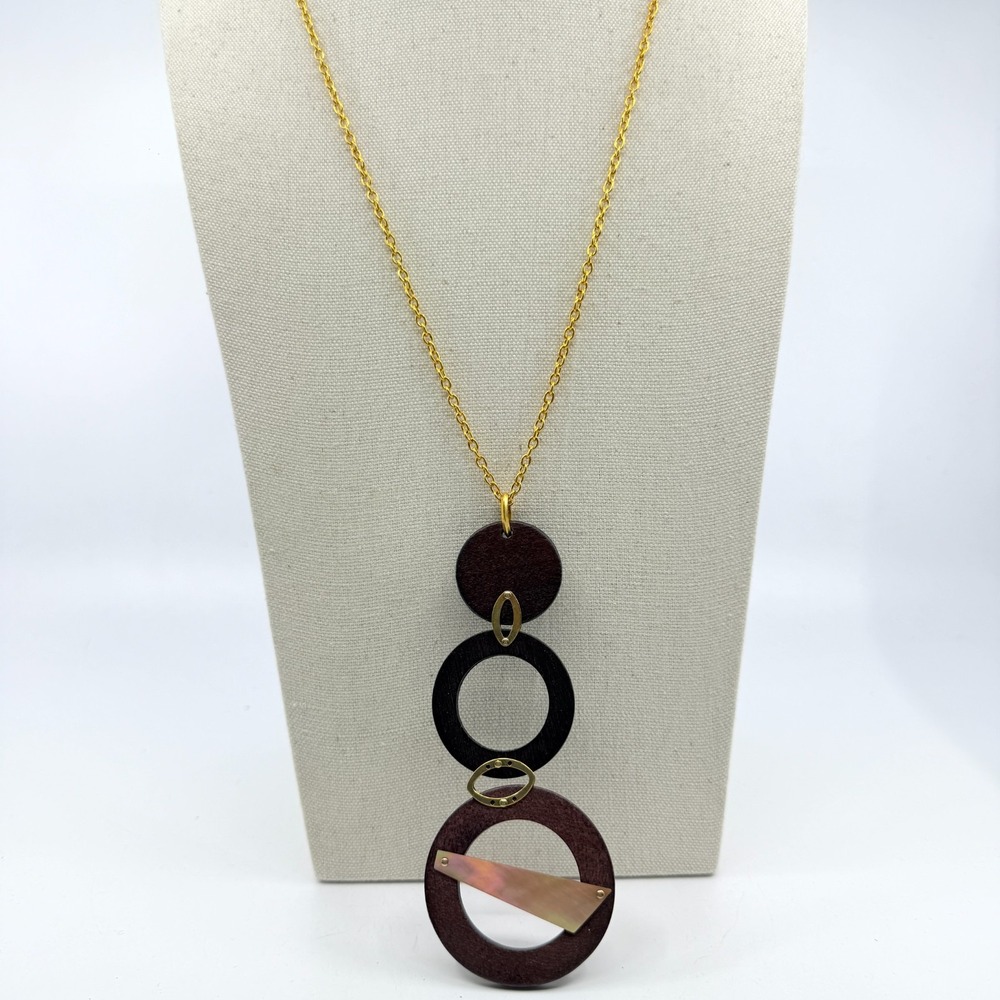 Victoria Marin Boho Vintage Wood Mother of Pearl Inlay Long Pendant Necklace